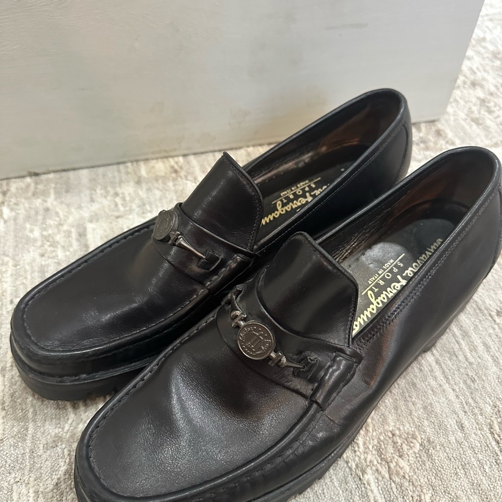 Salvatore Ferragamo Black Leather Loafers with Metal Detail